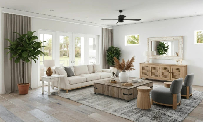 Modern living room with neutral tones and natural elements.